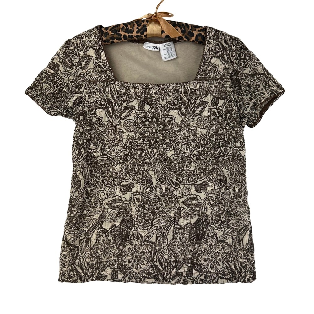 East 5th Blouse Womens Medium Regular Brown Floral Top Lace Square Neck Poly
